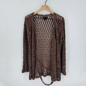 Y2K Express Brown Crochet Open Knit Cardigan Belted Boho Sweater Size L